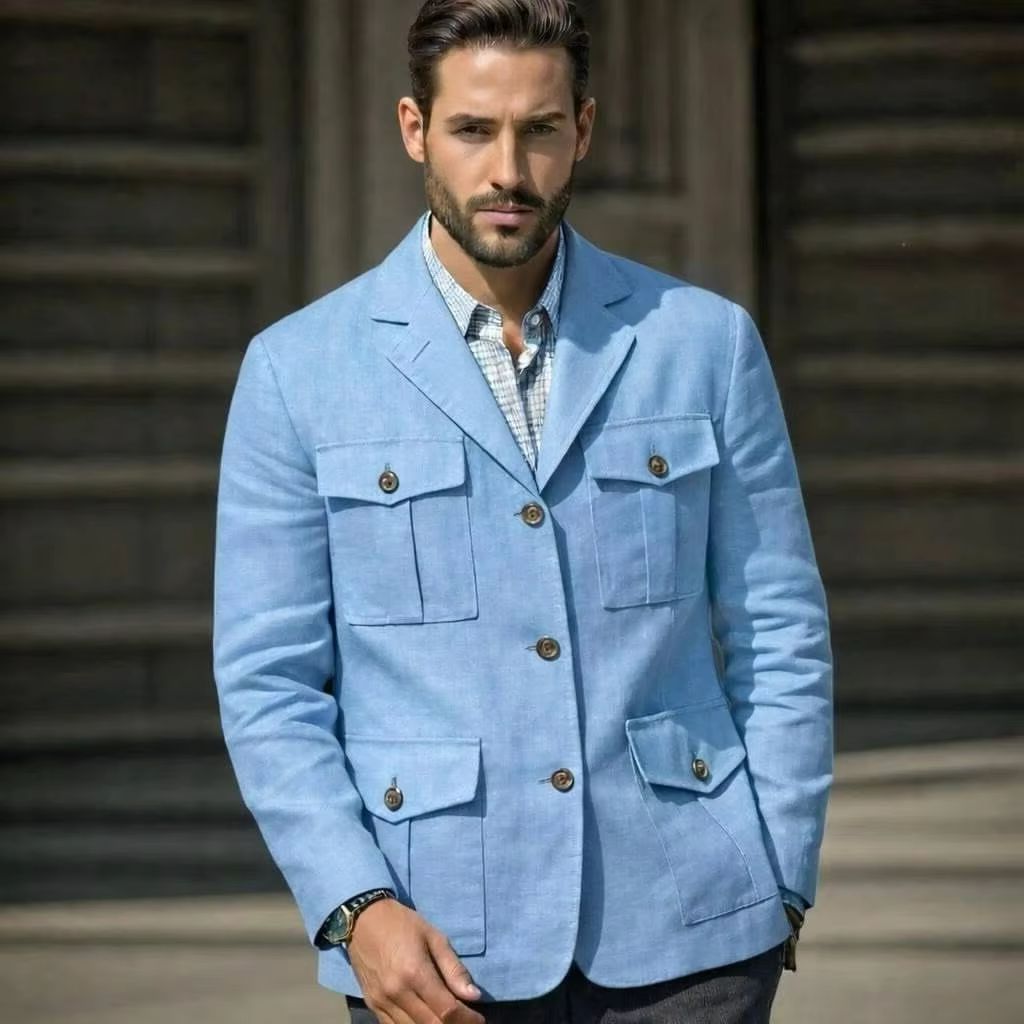 Blazer Safari Linen Biru Pria  - Men'S Formal Resort Wear ulasan dan harga