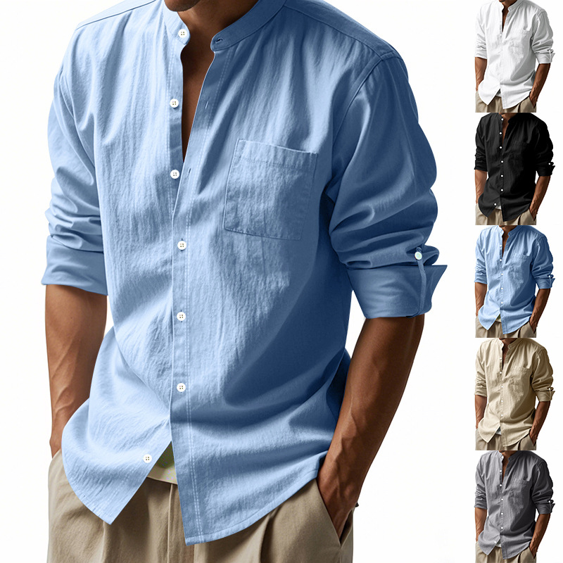 Kemeja Pria Linen Kerah Tegak  - Men Formal Wear Top ulasan dan harga